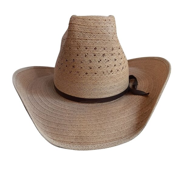Vintage 6 7/8 Straw Western Cowboy Hat W/ Brown Band Ventilated Crown Natural - Picture 2 of 11